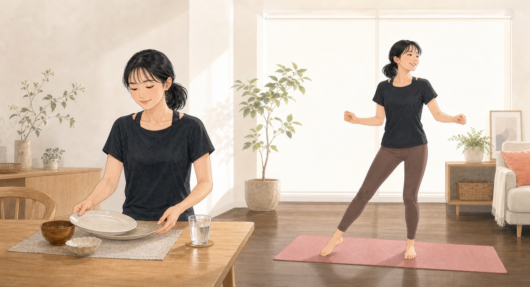 食器を片づけた後、家のマットで軽いサイドステップをする女性のイラスト