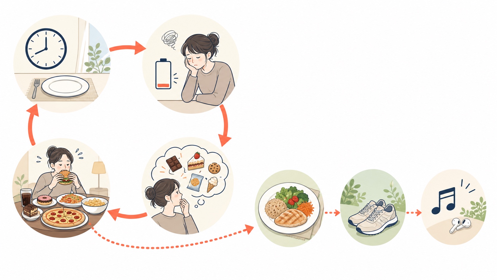 食事を抜く、エネルギーが足りず疲れる、食べ物への意識が強くなる、反動で食べ過ぎる流れと、バランスのよい食事と運動へ抜け出す図解