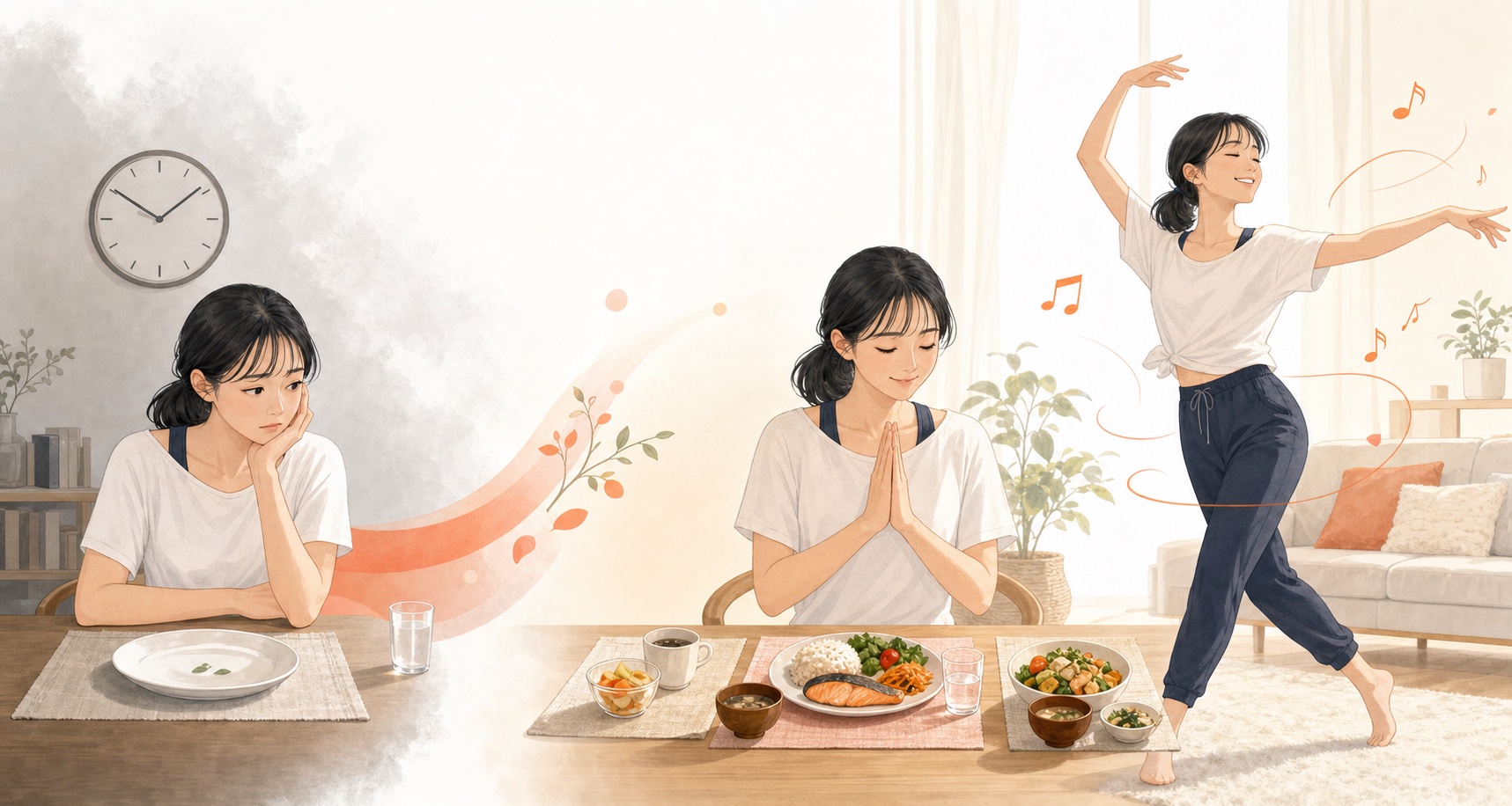 食事を抜いて疲れていた頃から、3食と楽しい運動へ生活を変えた女性のイラスト